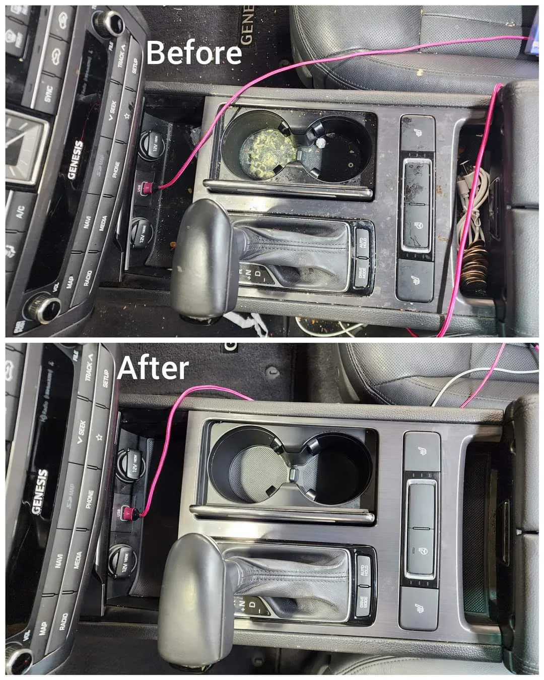 Before and after center console detail
